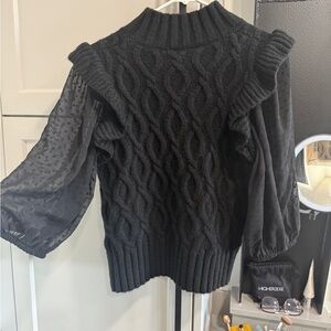 Elegant Black Cable Knit Sweater with Sheer Sleeves